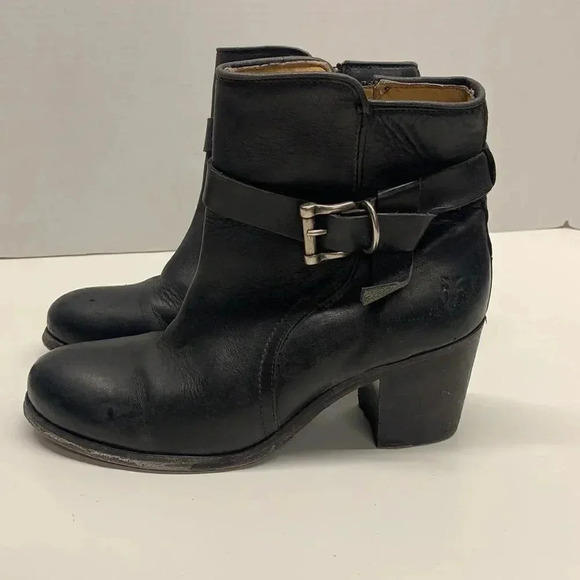 Frye Malorie Knotted Short Heeled Leather Boots Booties Buckle Black 7.5 - Picture 6 of 12